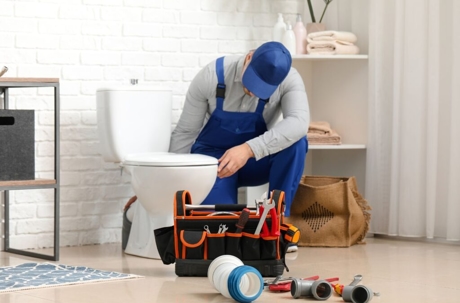 A plumber in a blue uniform kneels in front of a toilet, examining it.