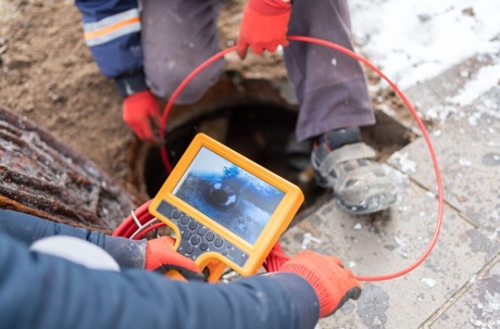 Plumber performs camera pipe inspection through a manhole.