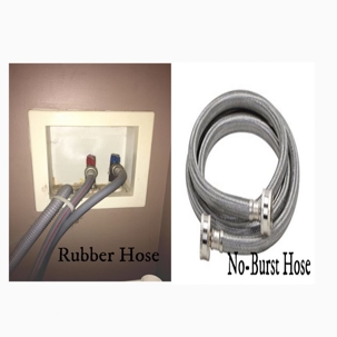 Two images compare washing machine hoses; one is rubber and the other is a no-burst hose