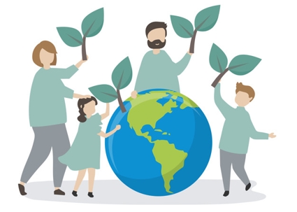 A family surrounds planet Earth and holds up seedlings- save the earth