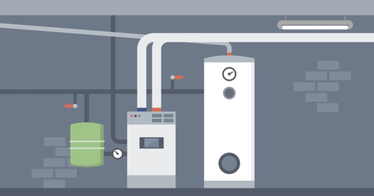 Cartoon of a home water heater, tank and related plumbing fixtures.
