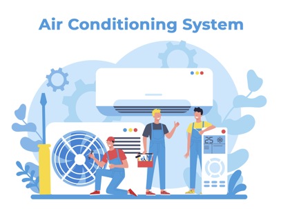 A cartoon image on website's media editing screen shows technicians fixing an air conditioning system