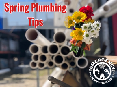 "Spring Plumbing Tips" is written in a red casual font over a background of PVC pipes and a small floral arrangement