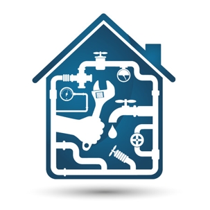 Plumbing service logo featuring a house silhouette filled with pipes, gauges, and a hand holding a wrench
