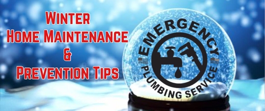 Winter Home Maintenance & Prevention Tips and an "Emergency Plumbing Service" within a snow globe