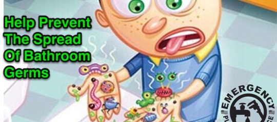 Cartoon image for preventing the spread of bathroom germs, showing a boy's hands and face covered in germs. Text reads, "Help Prevent The Spread Of Bathroom Germs."