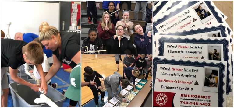We Love Our Community 10 A photo collage shows students participating in an activity called "The Plumber's Challenge"