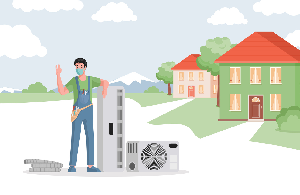 Service of air conditioners installation vector flat illustration. Climate control, air cooling, comfort living concept.